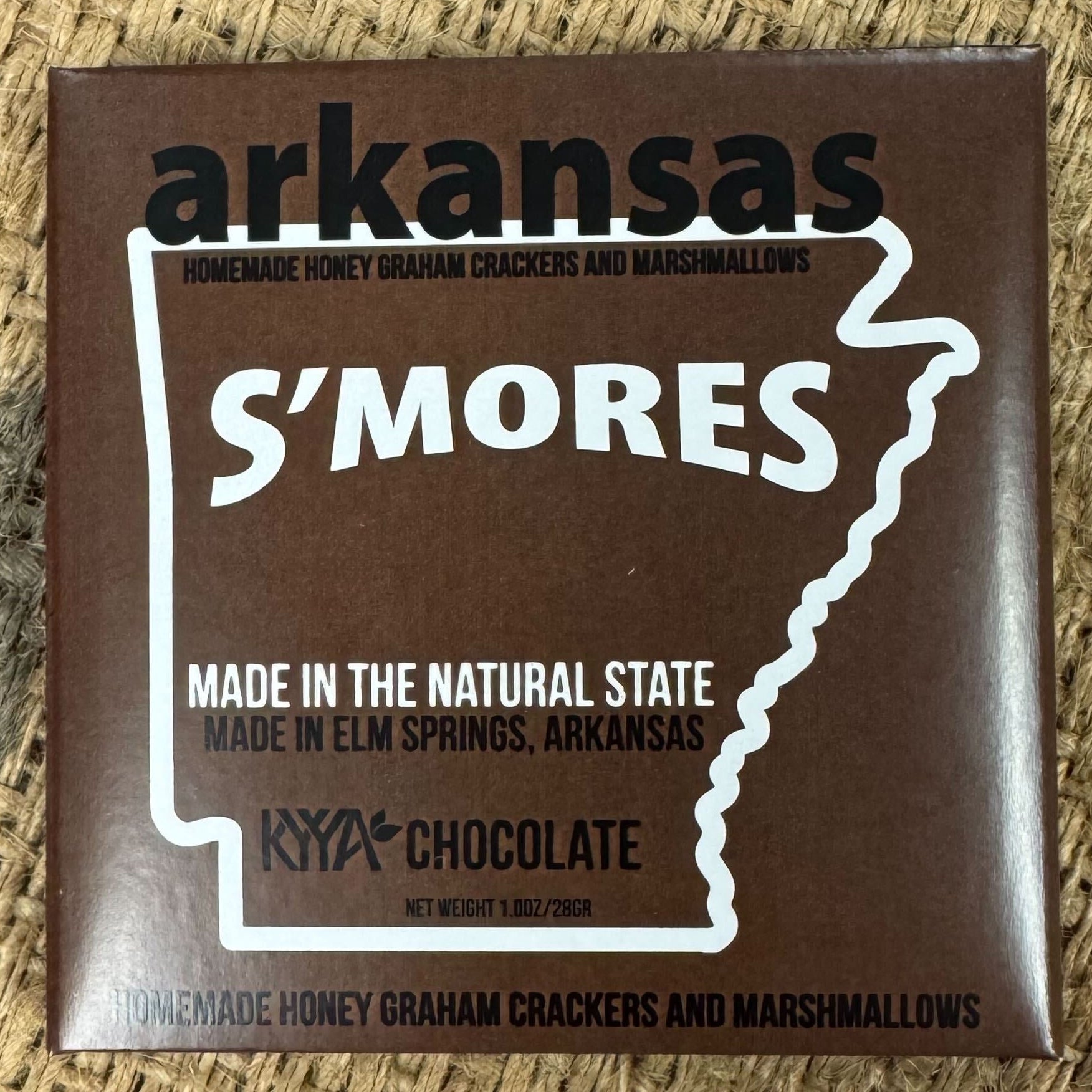 Arkansas S'mores packaging on a textured surface